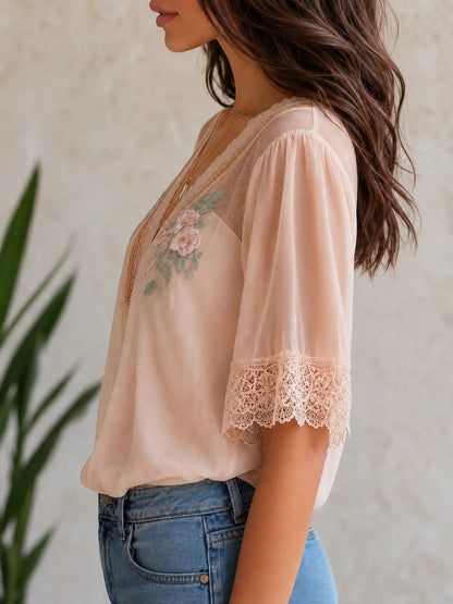 Boho Floral Embroidered Chiffon Blouse — Puff Sleeve V-Neck Top