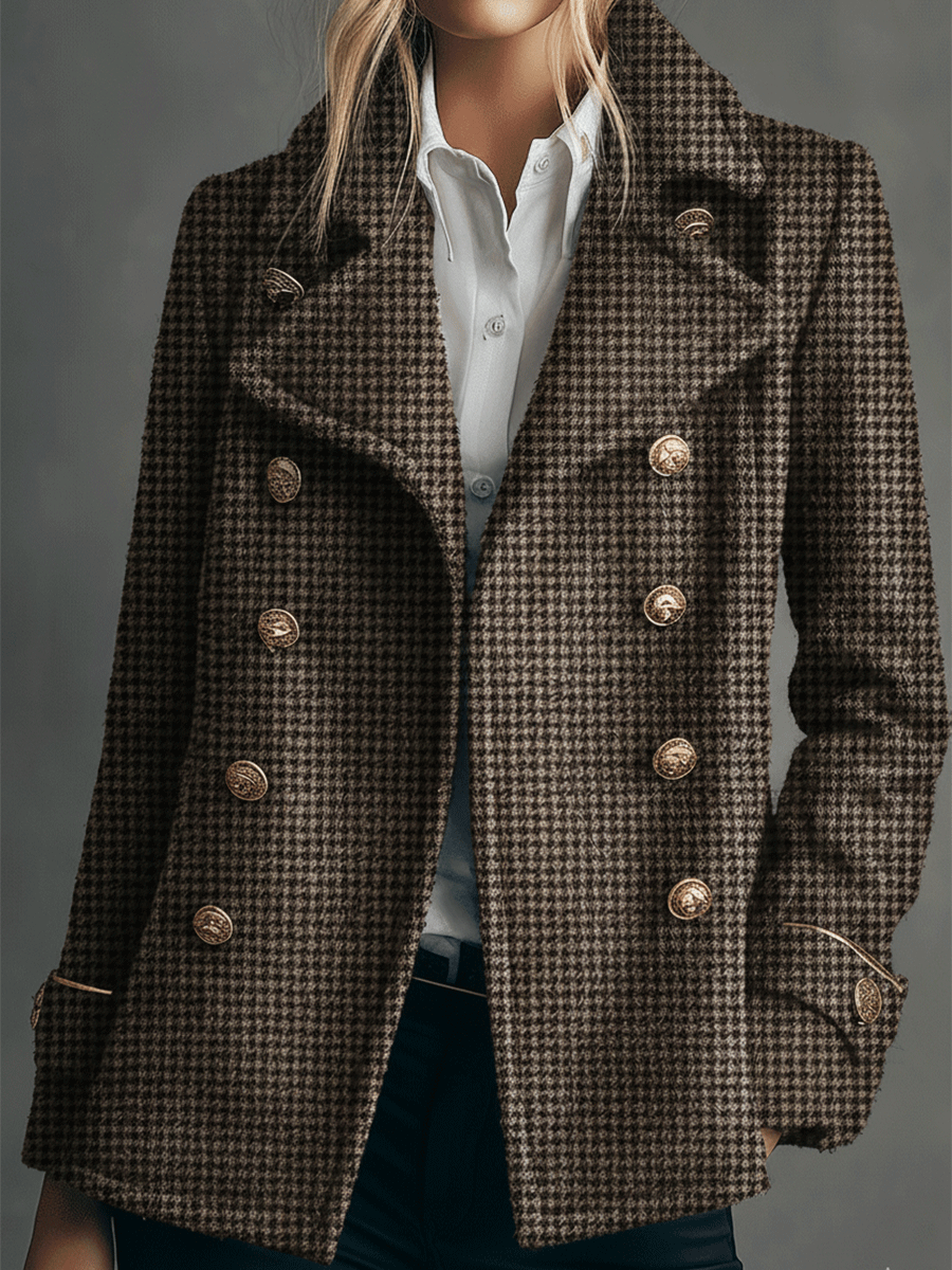 Classic Brown Houndstooth Wool Tailored Double-Breasted Design Coat