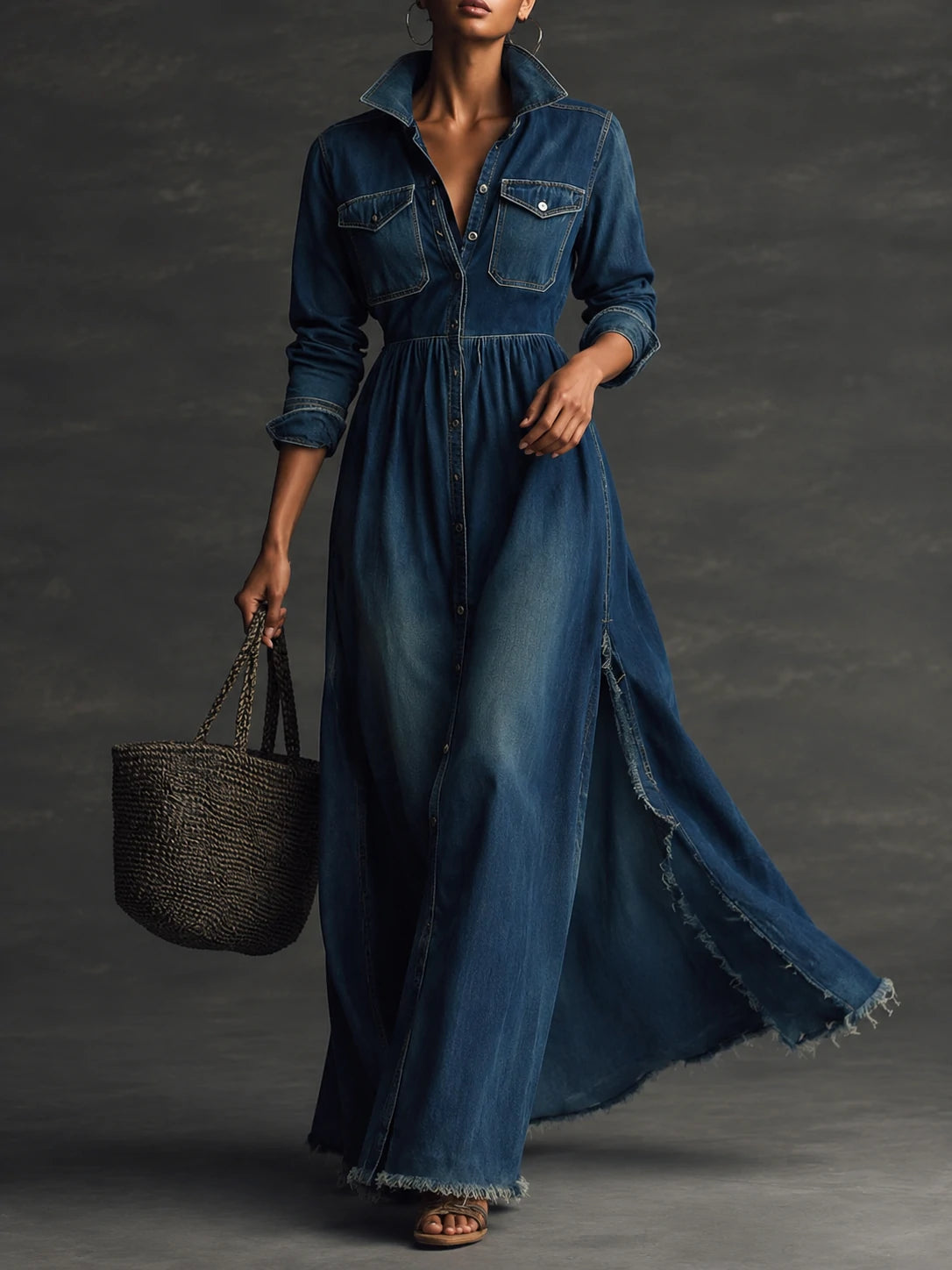 Stylish Stand Collar Washed Raw Hem Maxi Dress