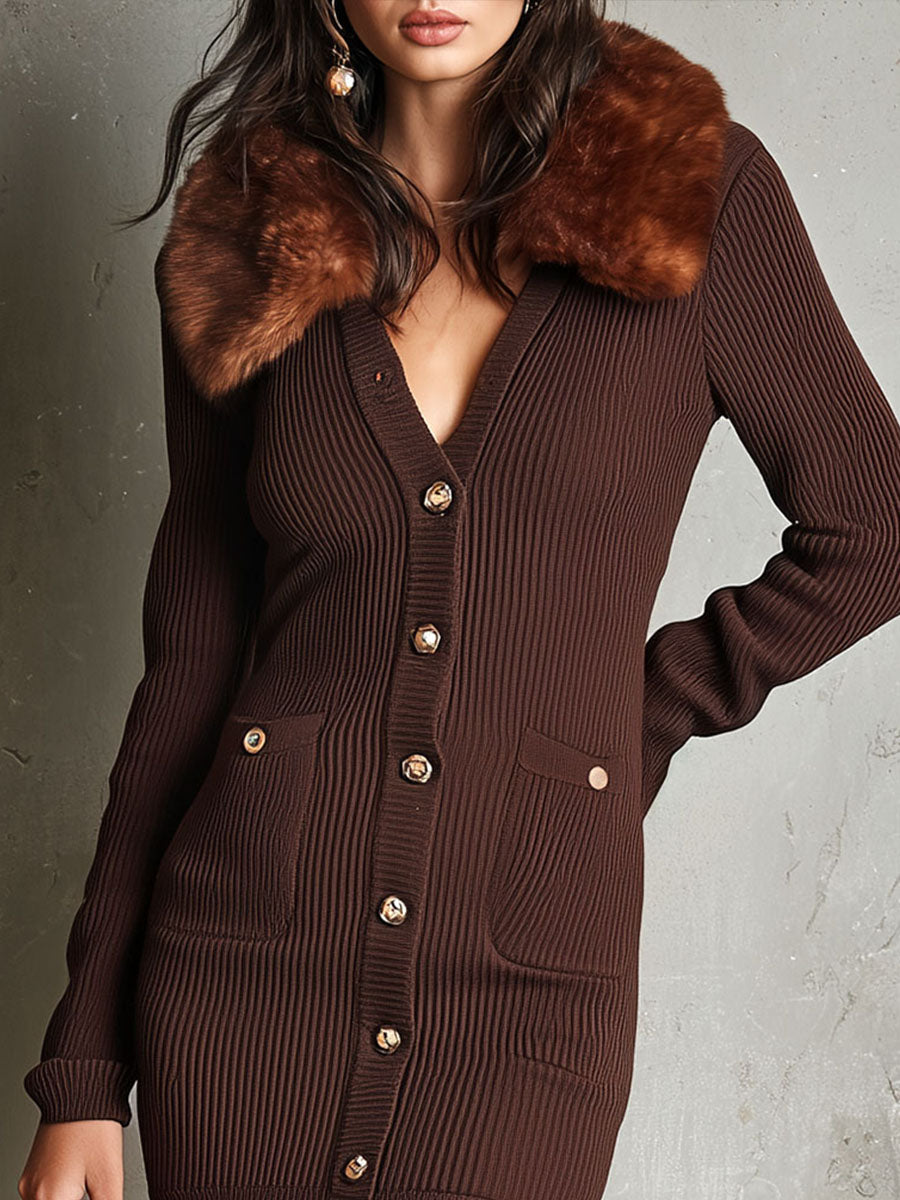 Chocolate Brown Ribbed Knit Cardigan Dress With Eco Fur Collar
