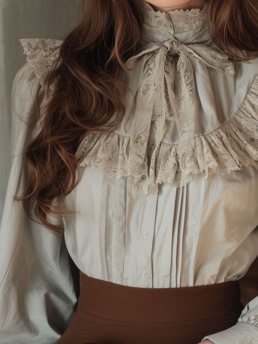 Elegant Puff Sleeve Lace Patchwork Cotton Blouse