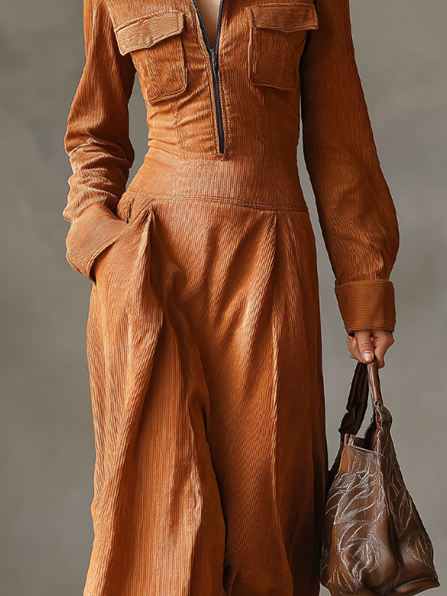 Retro Zipper Collar Pocket Midi Dress