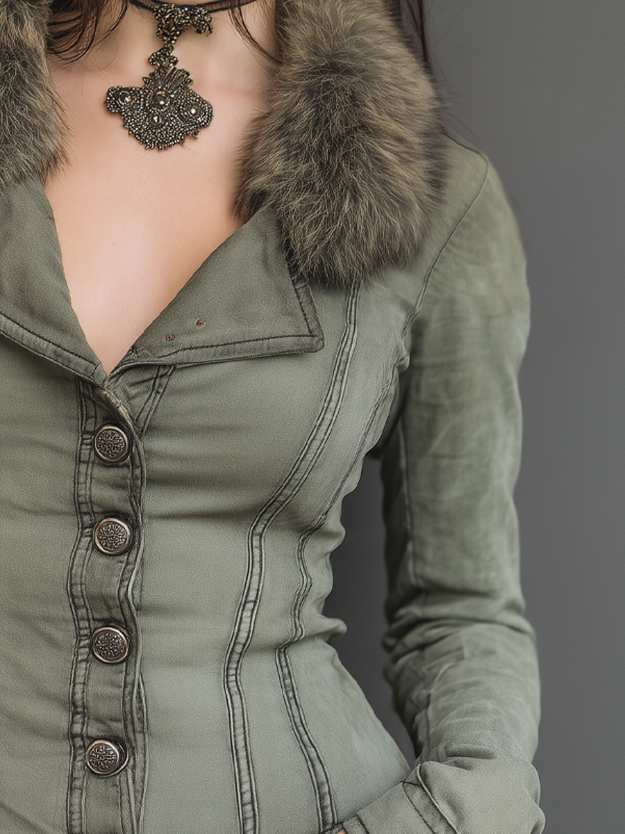 Vintage Eco-friendly Fur Collar Distressed Slim-fit Jacket