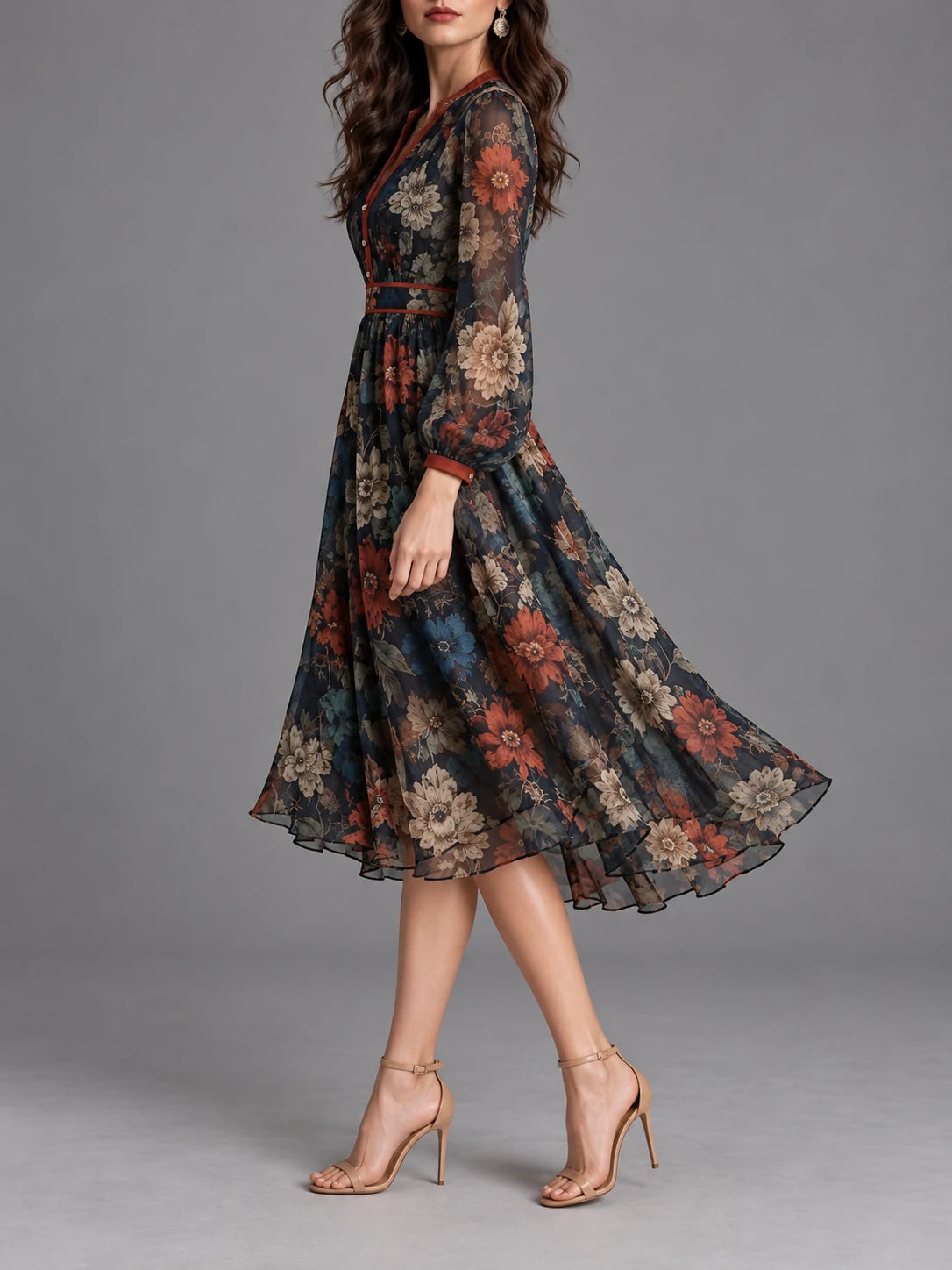 Vintage Floral V-Neck Swing Midi Dress