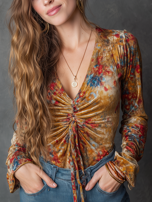 Vintage Floral Printed V-neck Long Sleeve Blouse