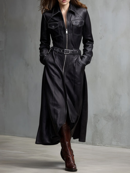 Utility Black Eco Leather Belted Zip-Front Maxi Coat Dress