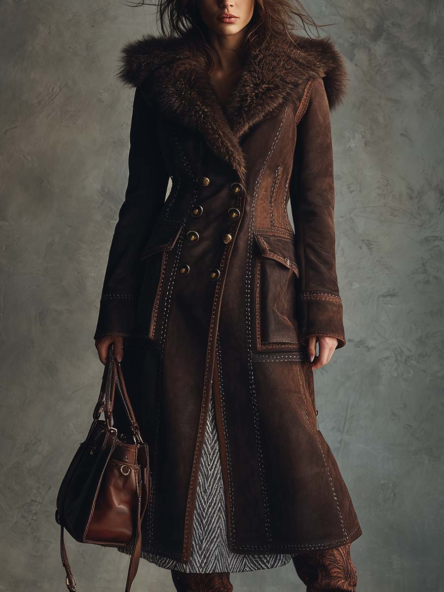 Vintage Brown Eco-Suede Coat with Full Shearling Lining and Fur Collar