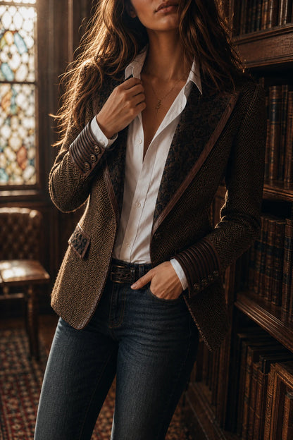 Herringbone Tweed Blazer With Printed Panels
