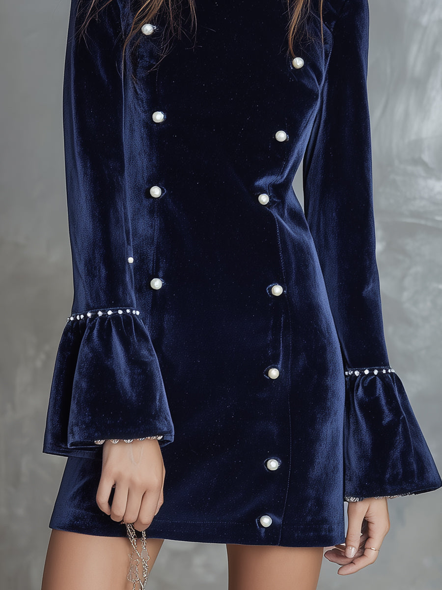 Retro Luxury Velvet Pearl Decorated Mini Dress