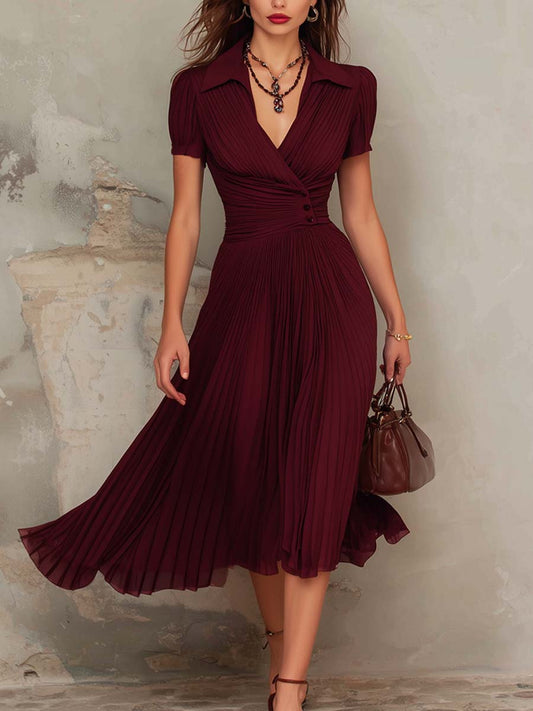 Vintage Pleated V-neck Midi Dress