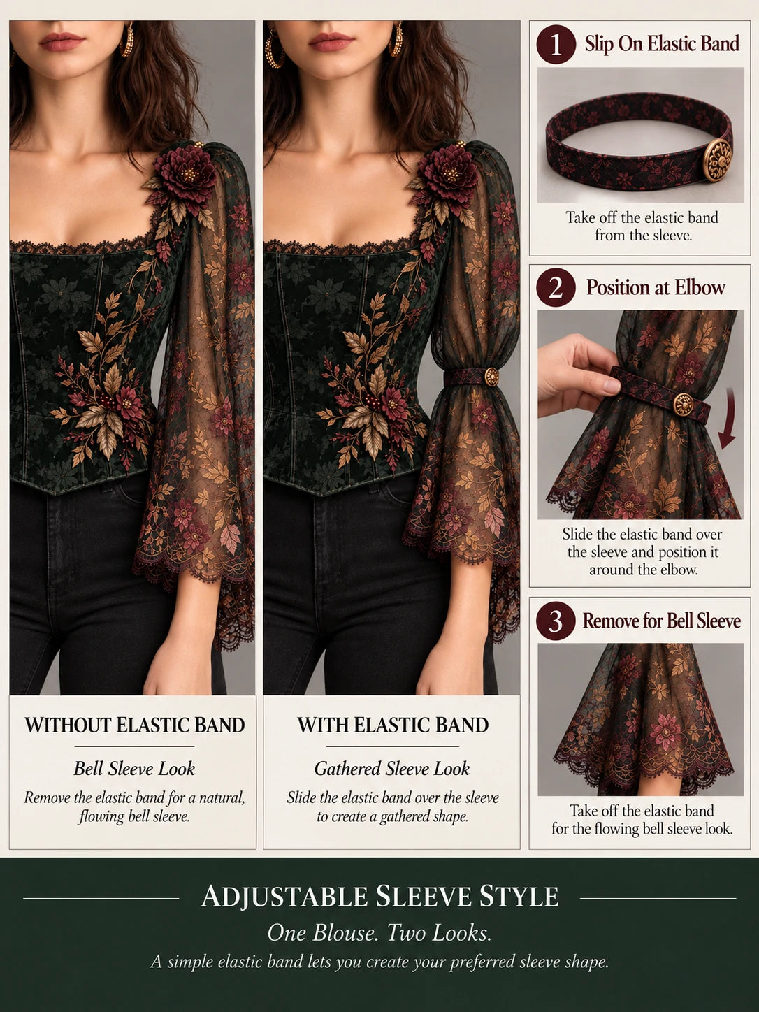 Forest green floral corset top with sheer sleeves styled with a burgundy maxi skirt