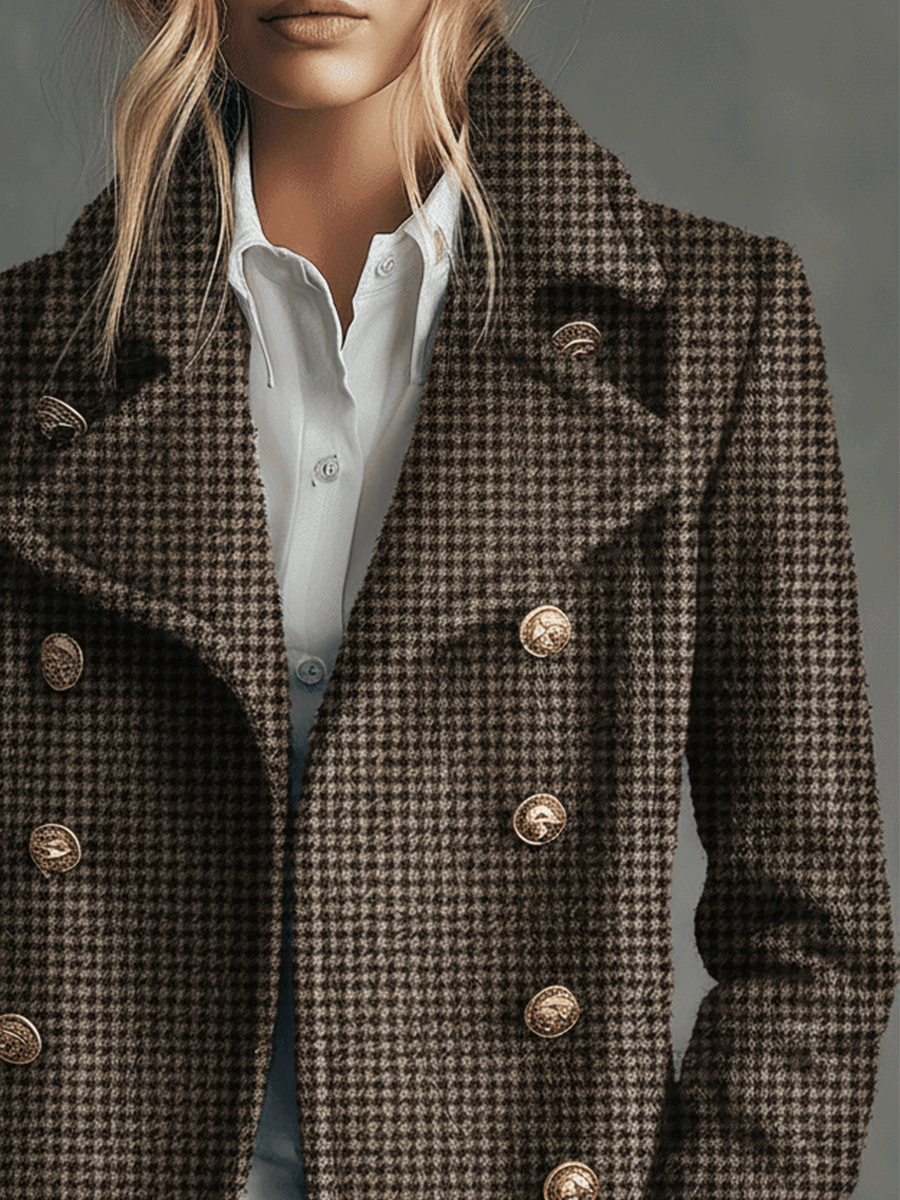 Classic Brown Houndstooth Wool Tailored Double-Breasted Design Coat