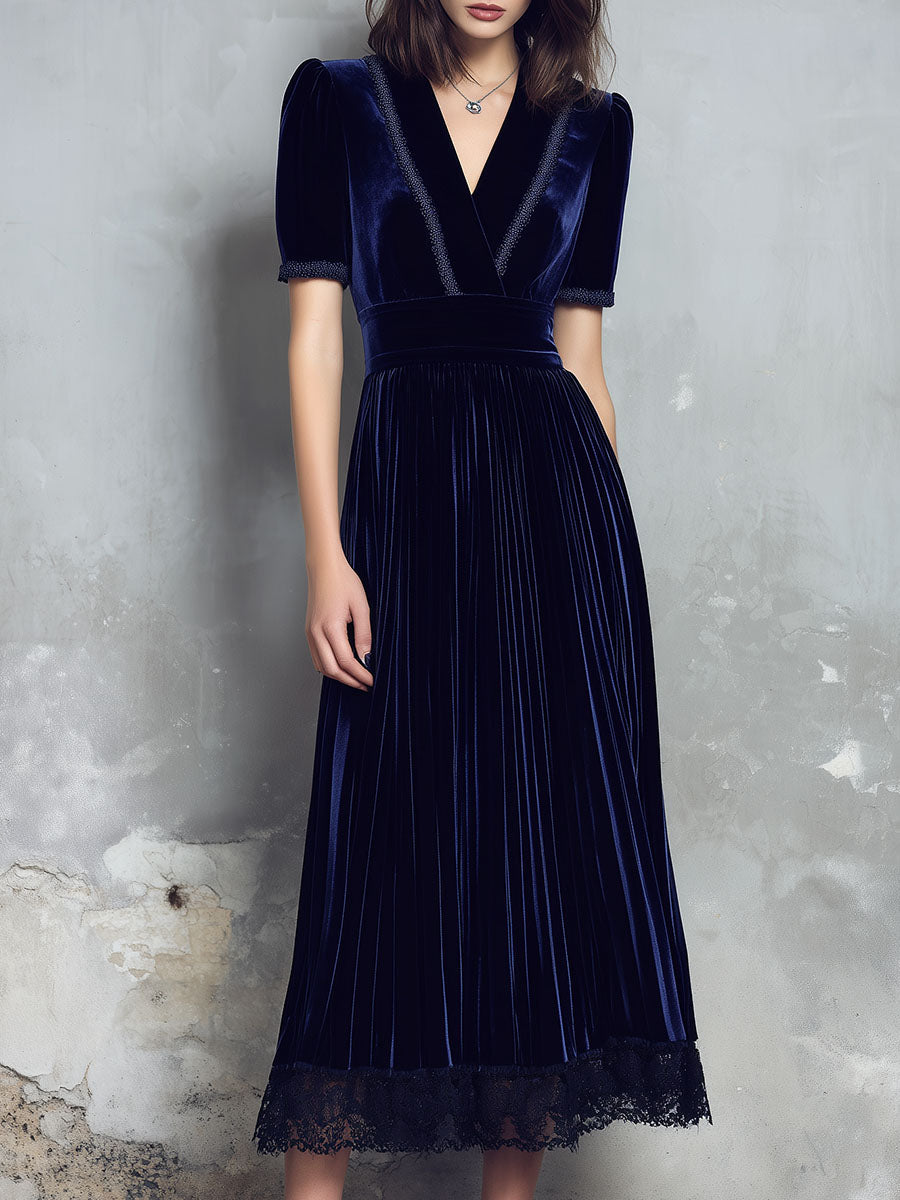 Retro Puff Sleeve Navy Velvet Lace Trim Midi Dress