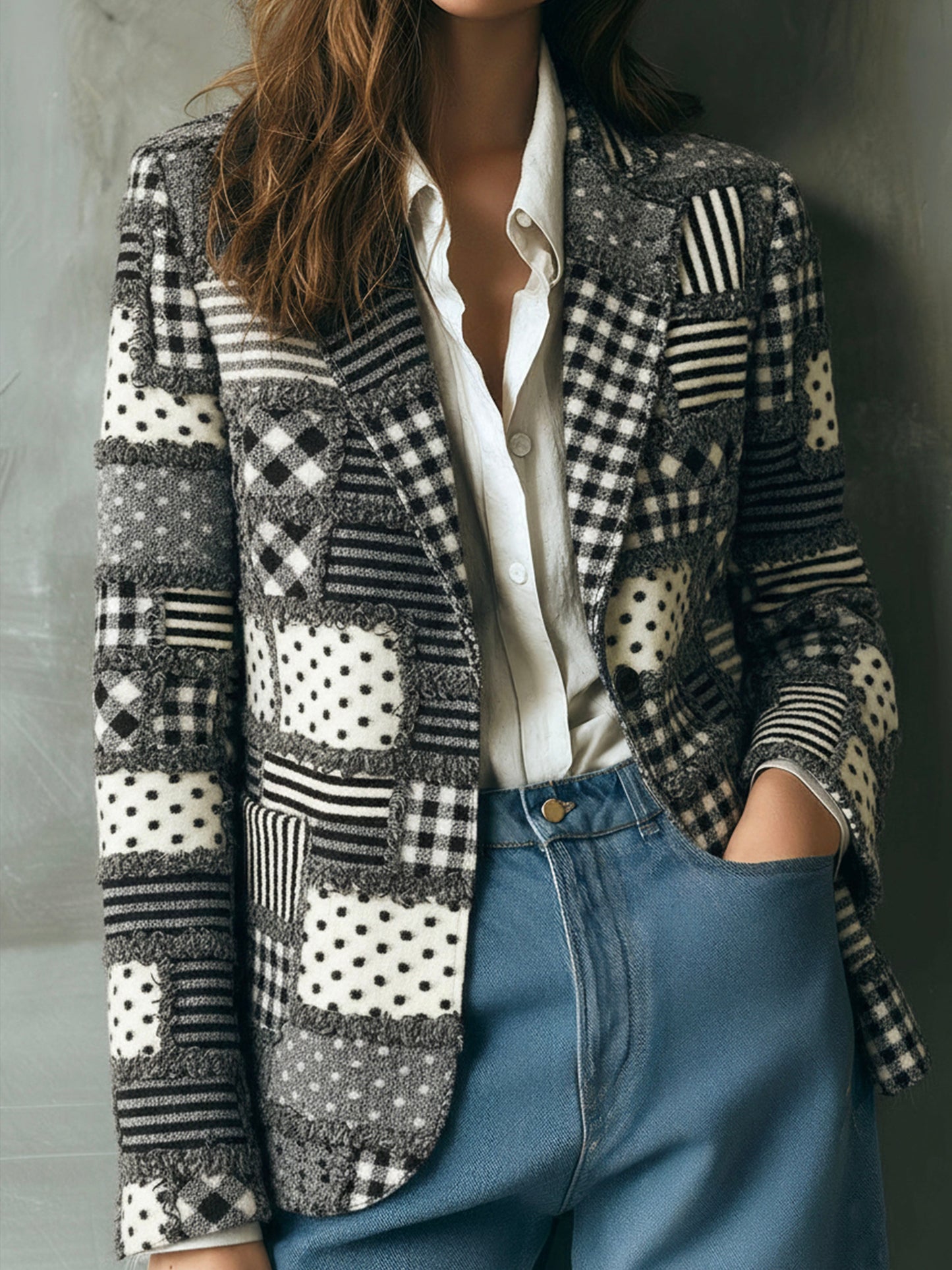 Vintage Plaid And Polka Dot Pattern Patchwork Wool Blazer
