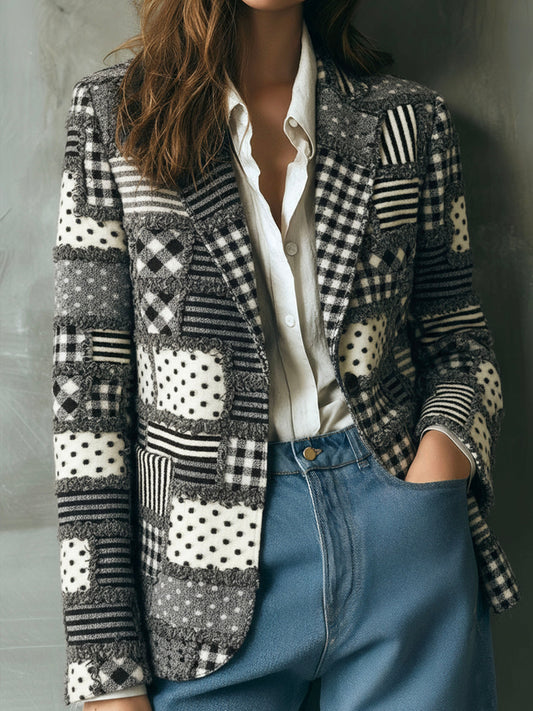 Vintage Plaid And Polka Dot Pattern Patchwork Wool Blazer