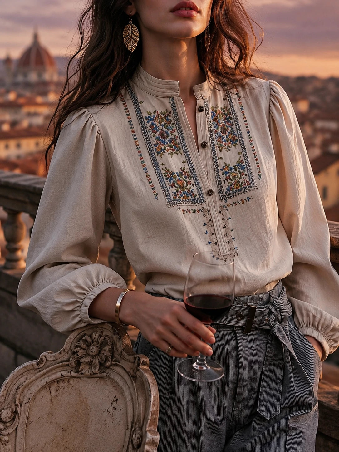 Vintage Embroidered Boho Linen Blouse