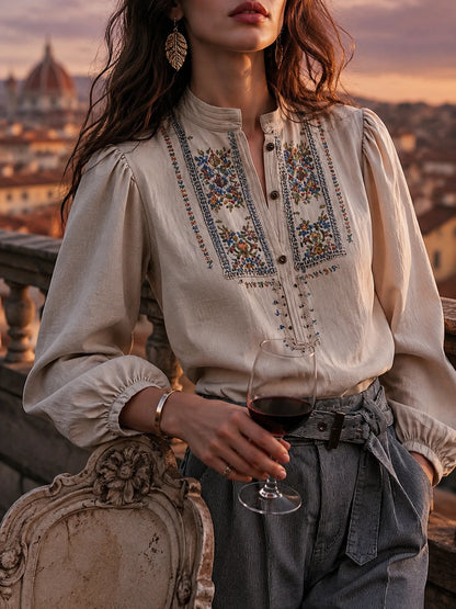 Vintage Embroidered Boho Linen Blouse