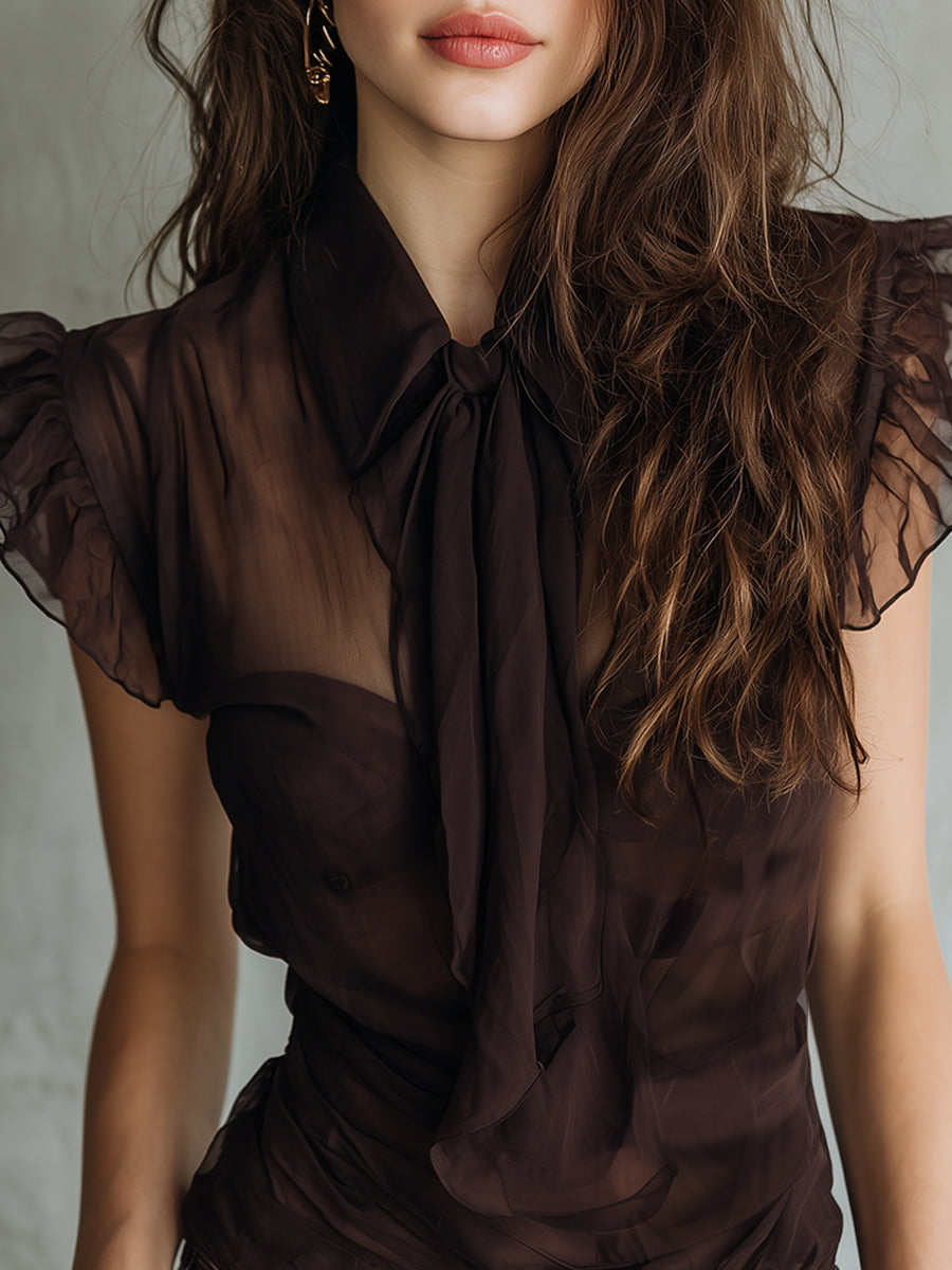 Vintage Blouse With Tie-neck And Ruffled Chiffon Details