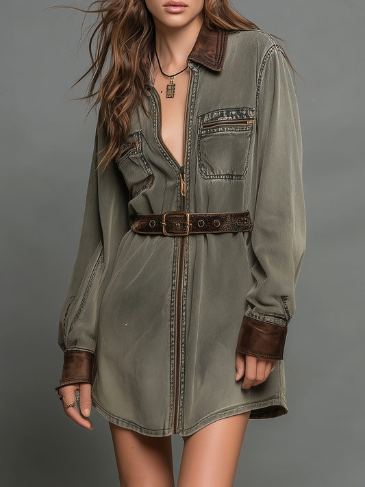 Olive Green Washed Utility Shirt Dress With Contrast Details