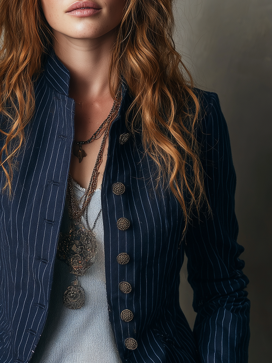 Retro Stand Collar Striped Long Sleeve Jacket