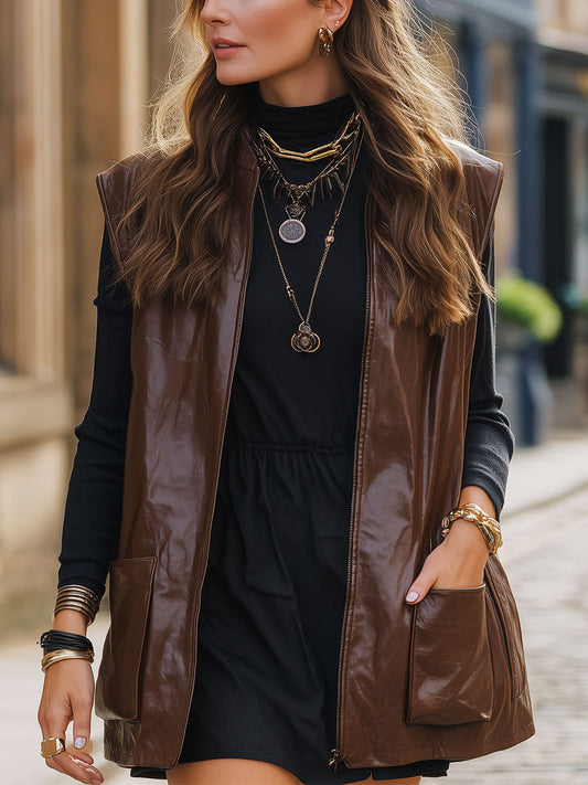 Retro Cap Sleeve Patch Pocket Straight PU Vest
