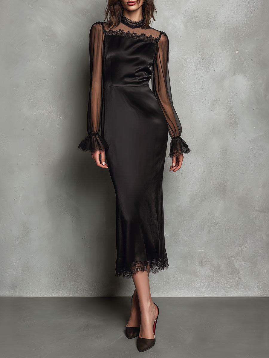 Elegant Black Satin Sheer Long Sleeve  Lace Trim Cocktai Midi Dress