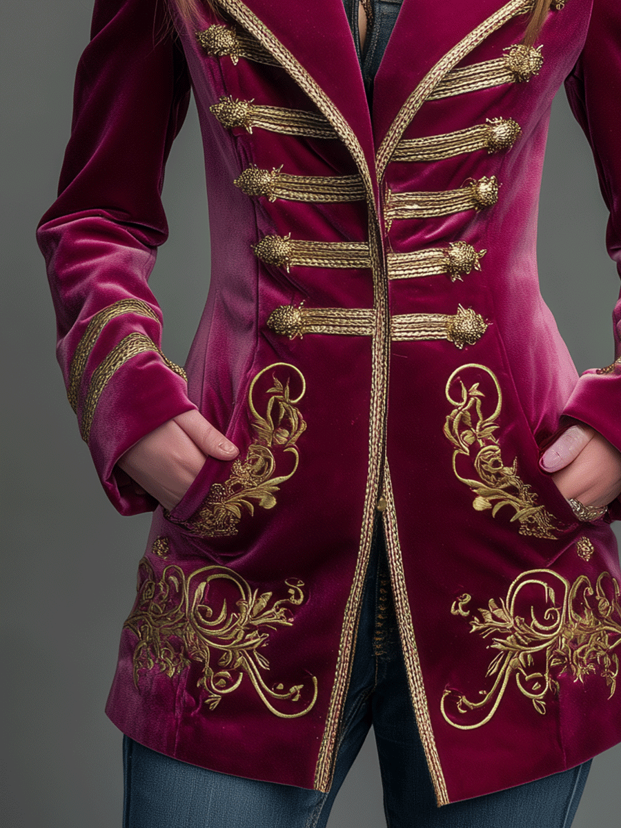 Vintage Baroque Bohemian Deep Red Velvet Gold Embroidered Jacket