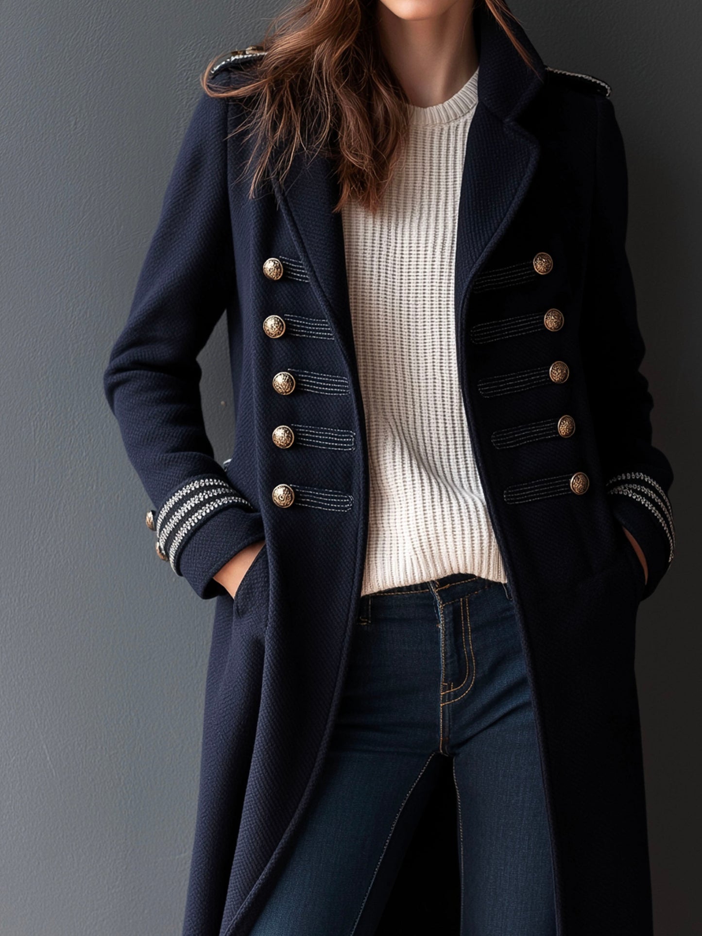 Vintage Military Style Double-Breasted Wool Blend Peacoat