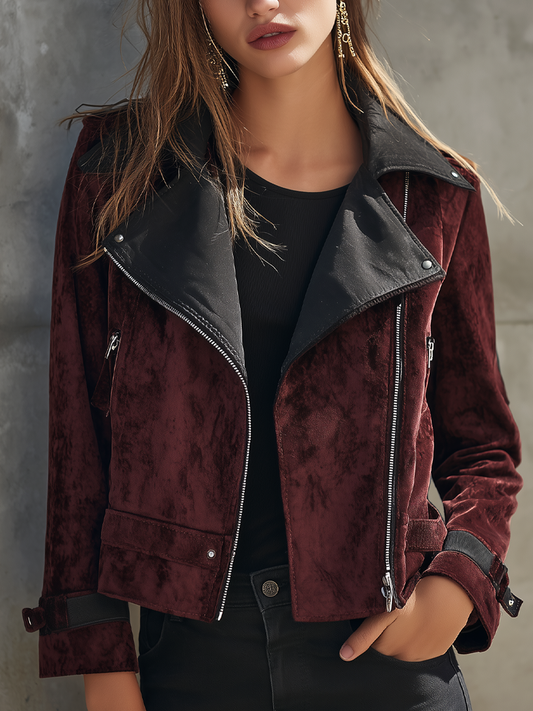 Retro Contrasting Eco-Leather And Velvet Moto Jacket