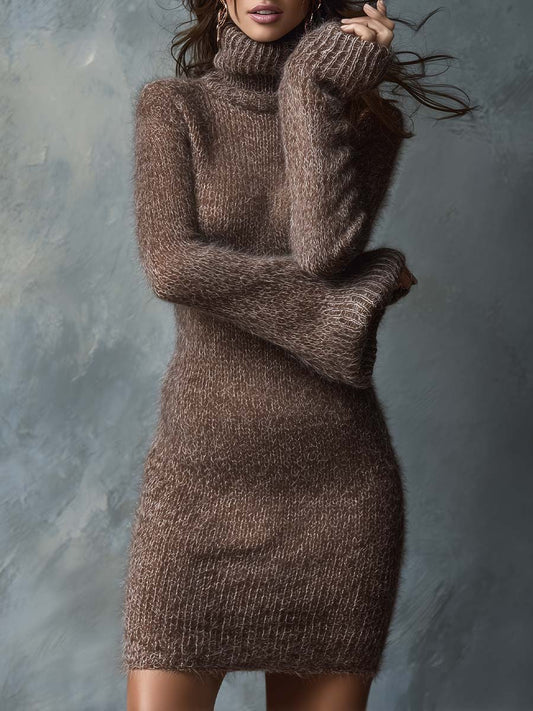 Soft Fluffy Knit Turtleneck Mini Dress
