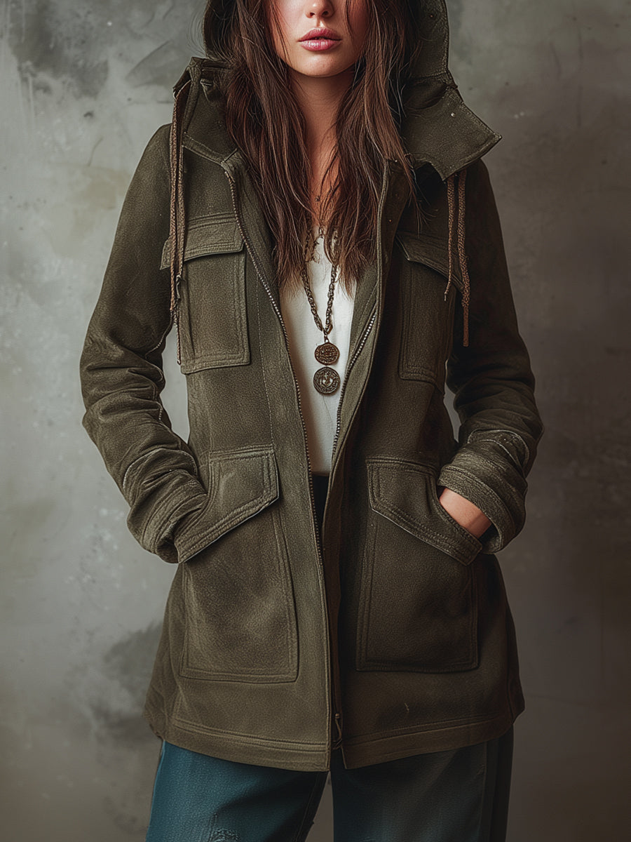 Retro Eco-friendly Suede Cargo Pocket Hooded Jacket