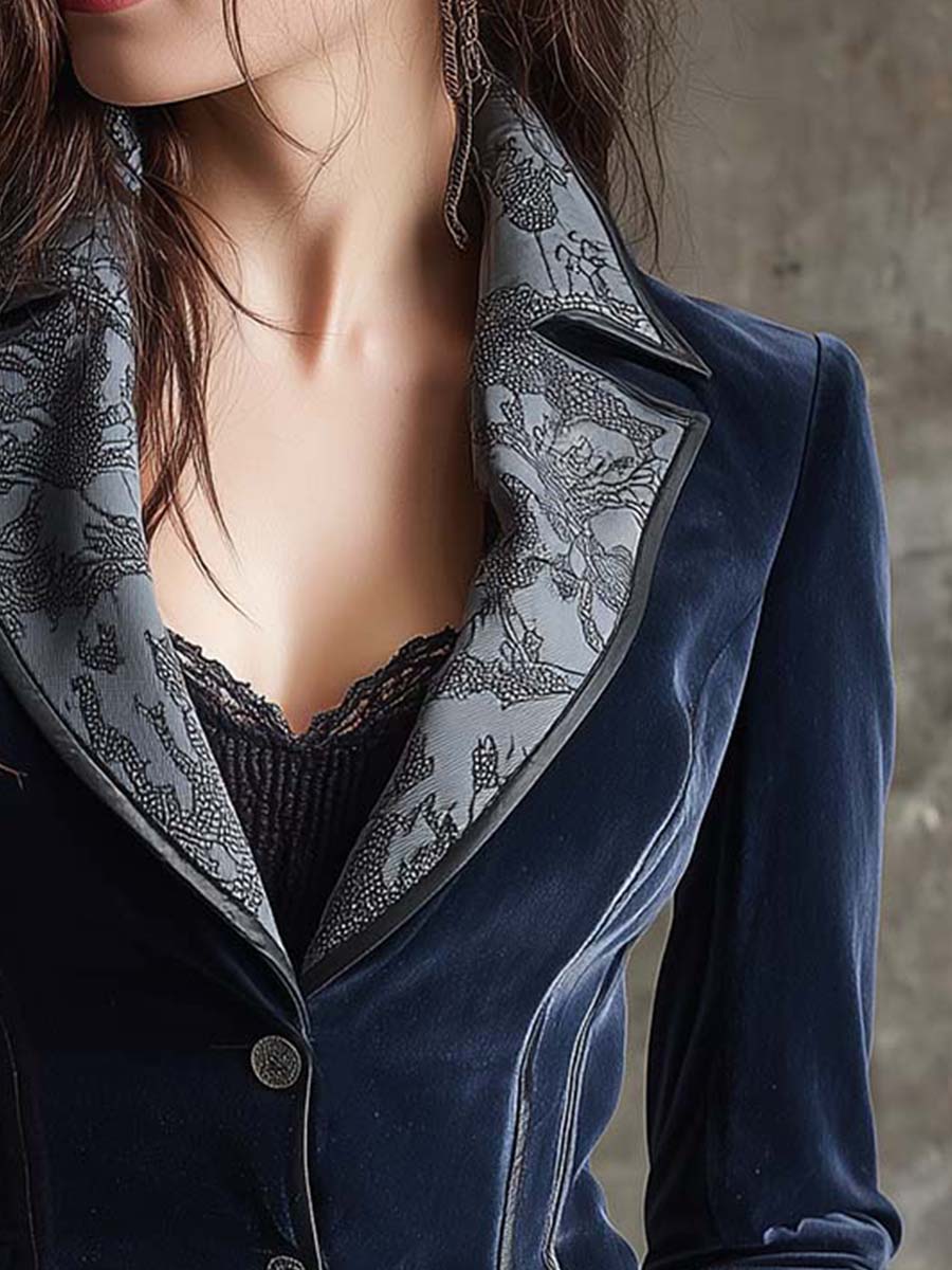 Navy Velvet Fitted Blazer With Printed Lapel