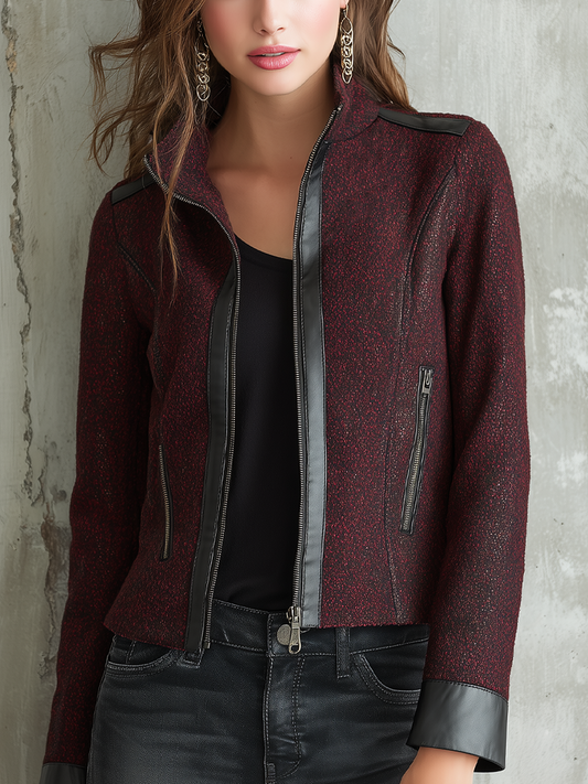 Vintage Eco-leather Trim Zipper Tweed Jacket