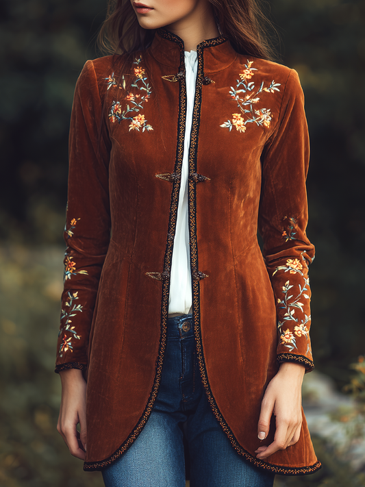 Vintage Contrast Trim Embroidered Velvet Mid-Length Jacket