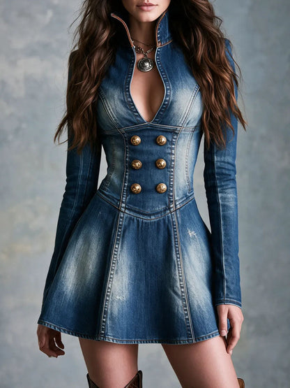 Boho Stand Collar Washed Denim Double‑Breasted Mini Dress