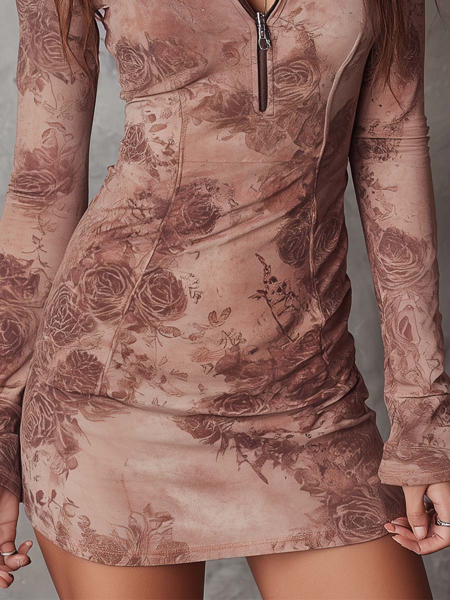 Vintage Floral Eco-Suede Zip Dress