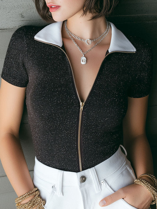 Metallic Shimmer Contrast Collar Zip Knit Polo Top