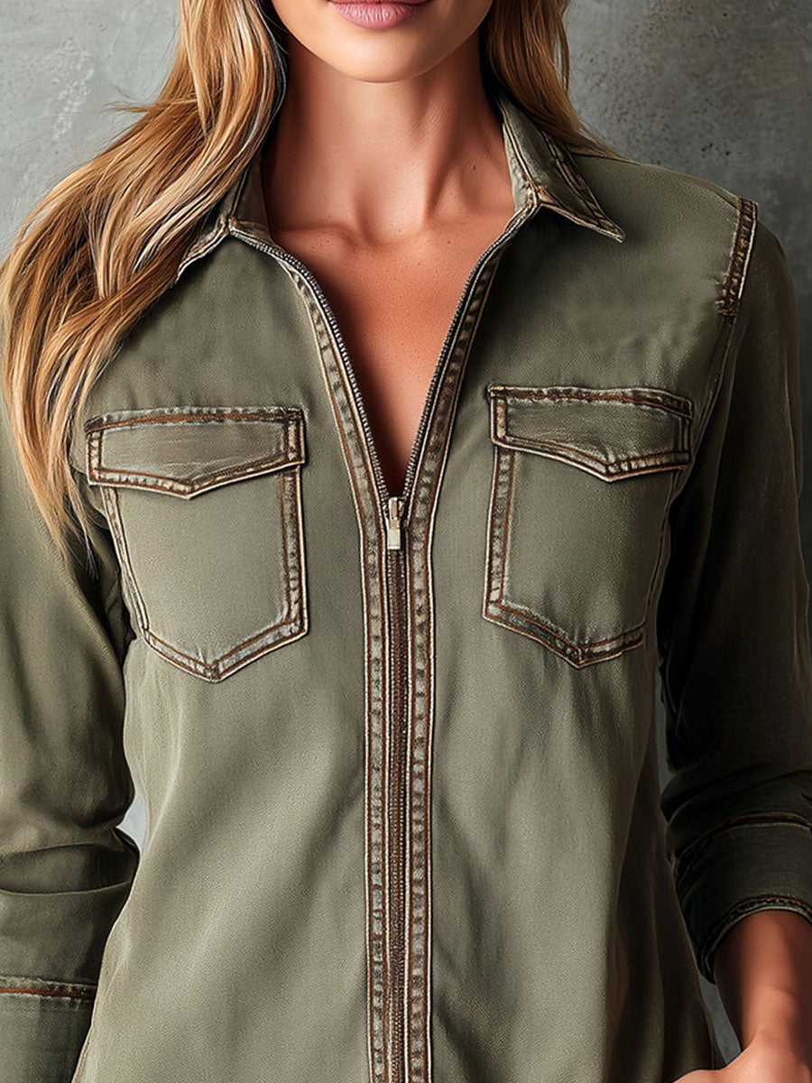 Vintage Army Green Utility Zip Shirt Jacket With Contrast Stitching