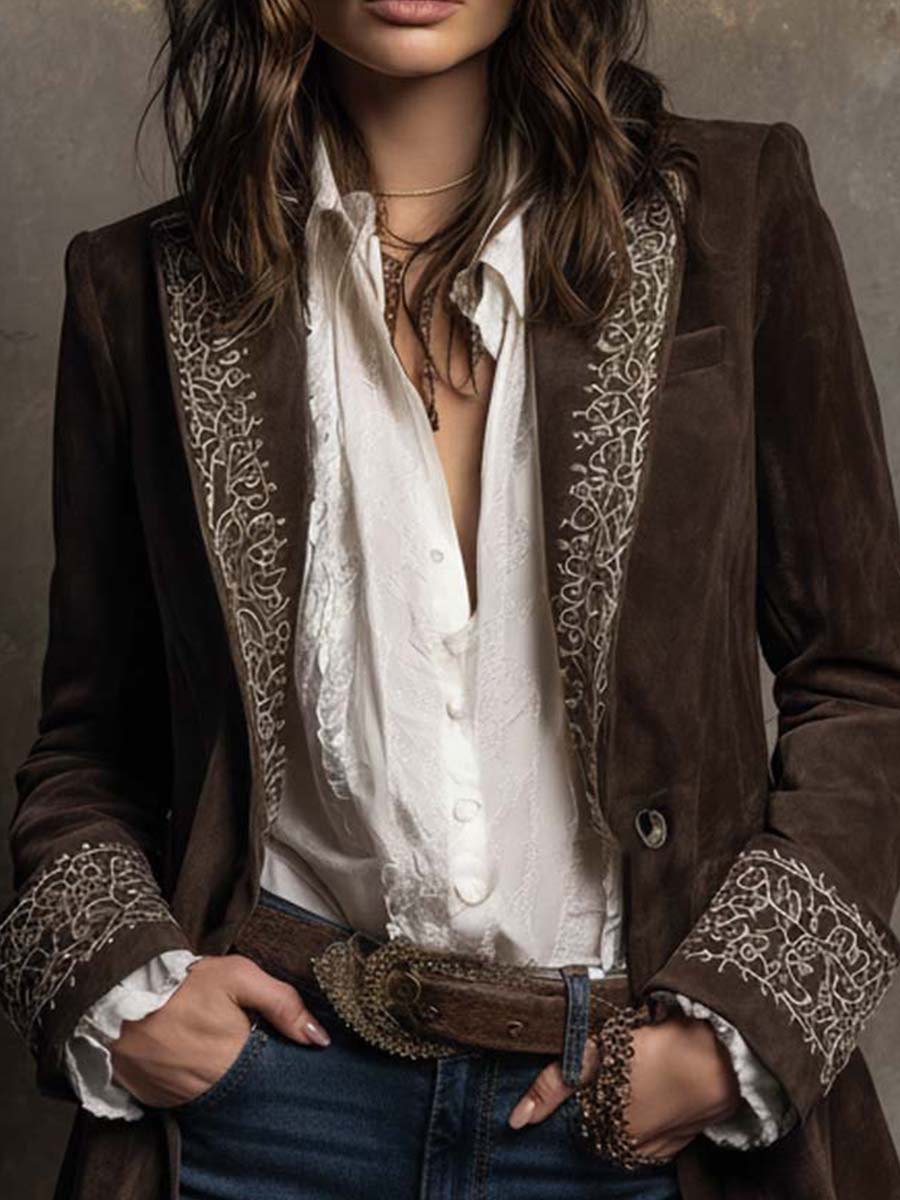 Vintage Western Elegance Mbroidered Suede Long Blazer
