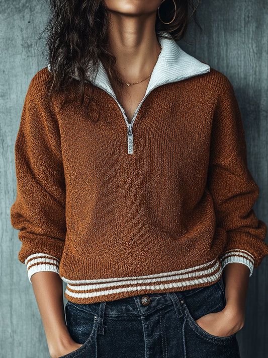 Retro Stripe Brown Half-Zip Pullover Sweater With Contrast Collar