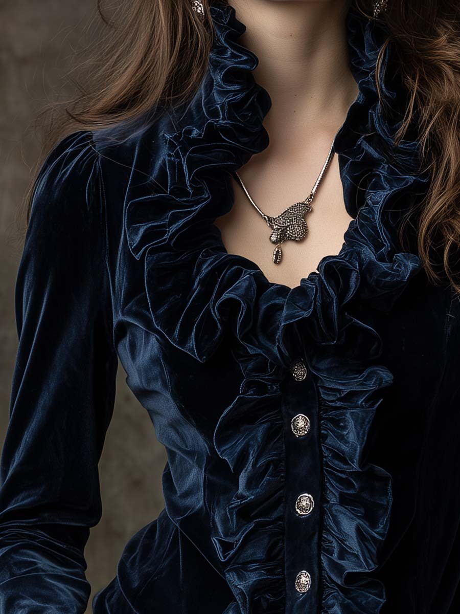 Midnight Blue Ruffled Velvet Shirt With Crystal Buttons