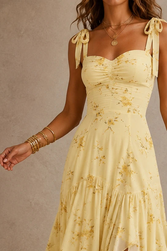 Yellow Floral Chiffon Handkerchief Midi Dress
