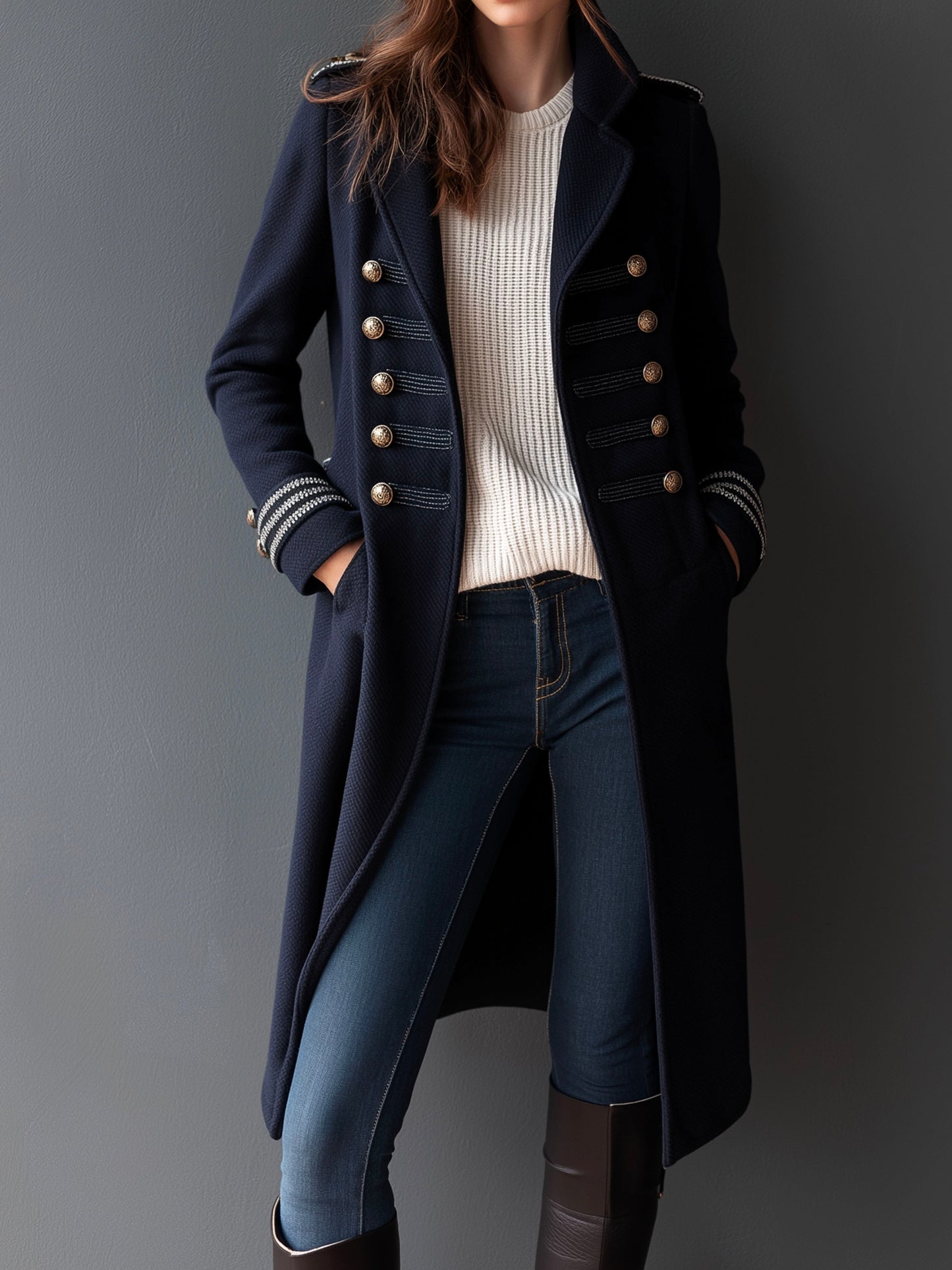 Vintage Military Style Double-Breasted Wool Blend Peacoat