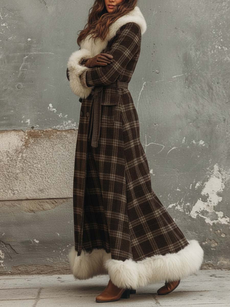 Retro Brown Plaid Long Faux Fur Trim Coat