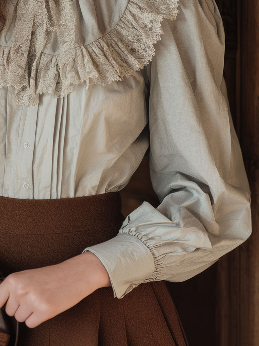 Elegant Puff Sleeve Lace Patchwork Cotton Blouse