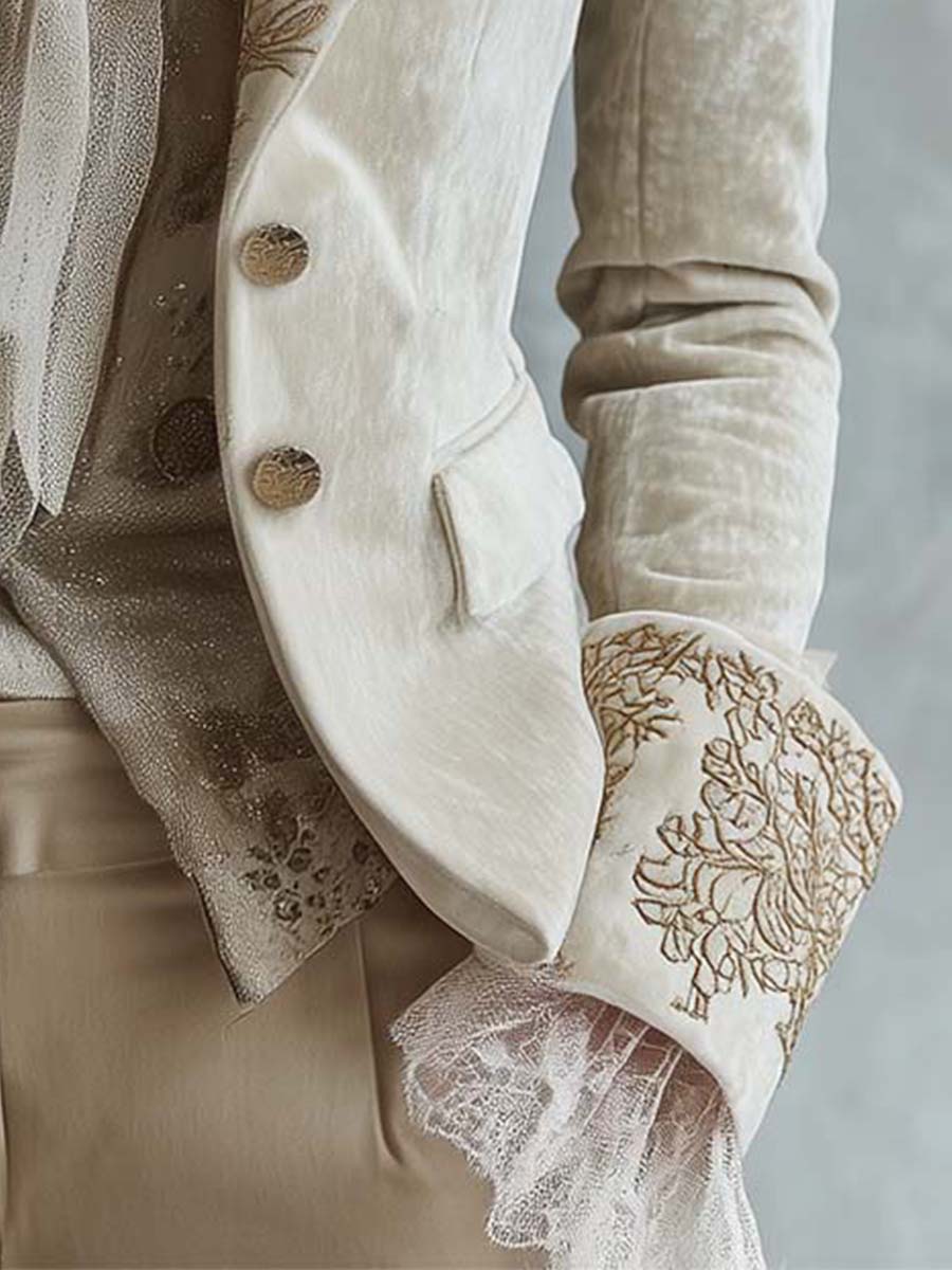 Ivory Velvet Embroidered Blazer With Lace Cuffs