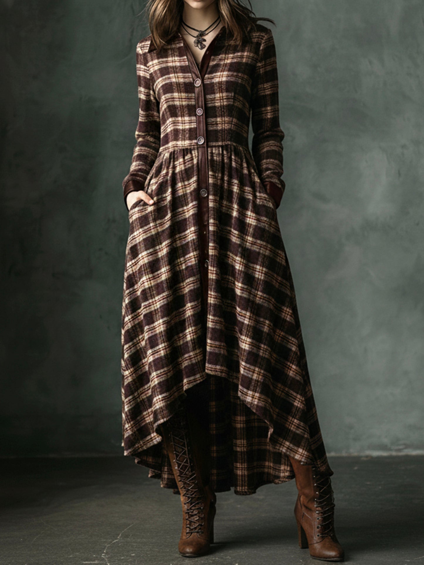 Vintage Plaid Wool Blend High-Low Coat With Pockets