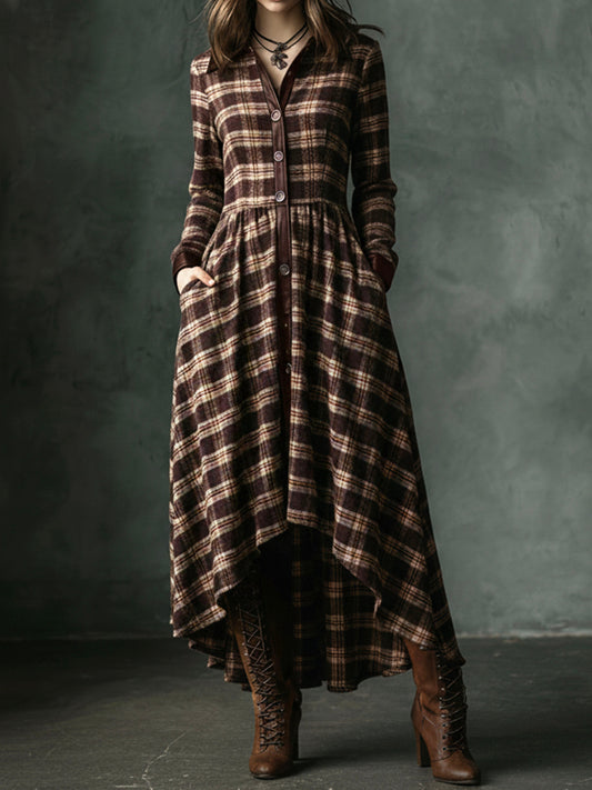 Vintage Plaid Wool Blend High-Low Coat With Pockets