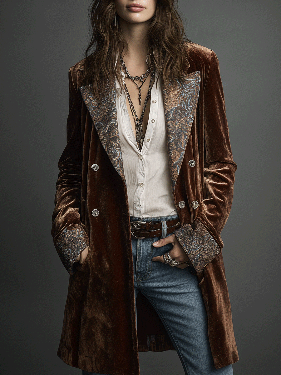 Bohe Chestnut Printed Velvet Long Coat