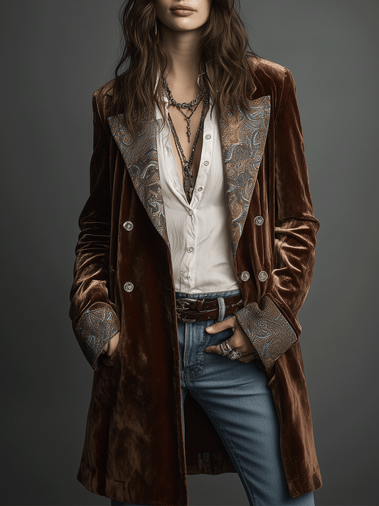Bohe Chestnut Printed Velvet Long Coat